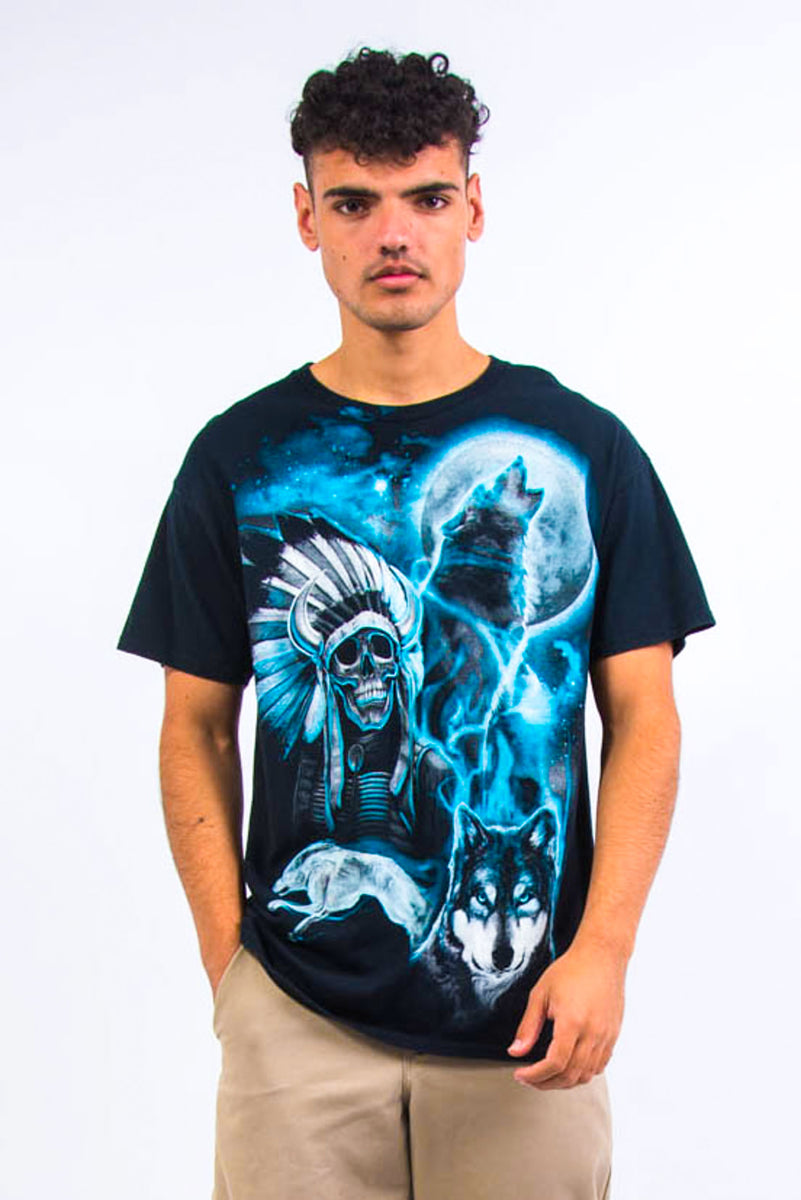 T-shirt Vintage Gildan – Motif Loup Et Absinthe Psychédélique – Taille XL Noir – Occasion Très Bon état