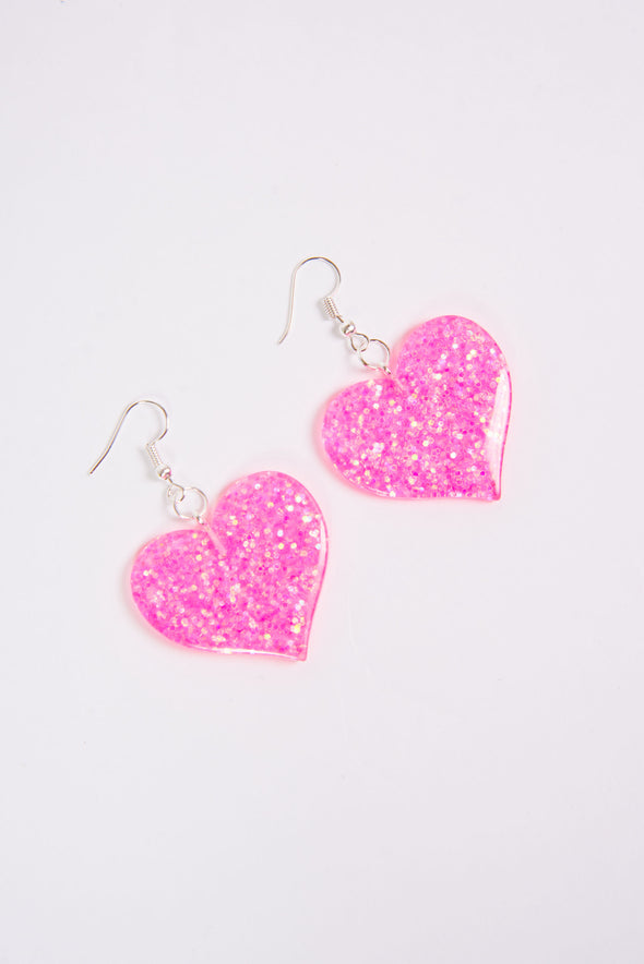 Glittery Pink Heart Earrings