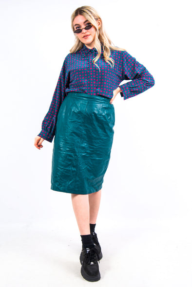 Vintage 90's Teal Leather Midi Skirt