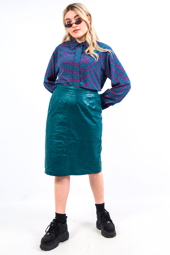 Vintage 90's Teal Leather Midi Skirt