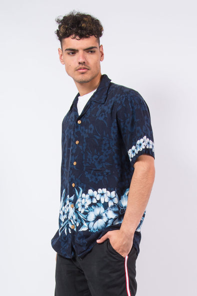 Vintage 90's navy blue Hawaiian style floral print shirt.
