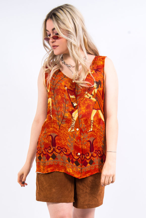 Vintage Abstract Print Sheer Vest Blouse