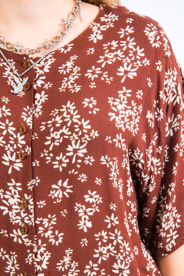 Vintage 90's Floral Brown Patterned Blouse Shirt
