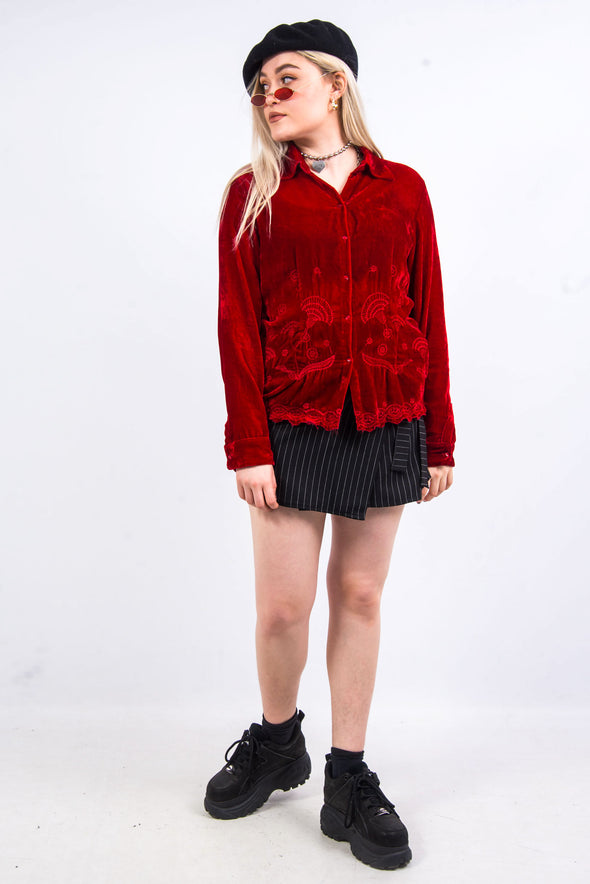 Vintage 90's Red Velvet Embroidered Shirt