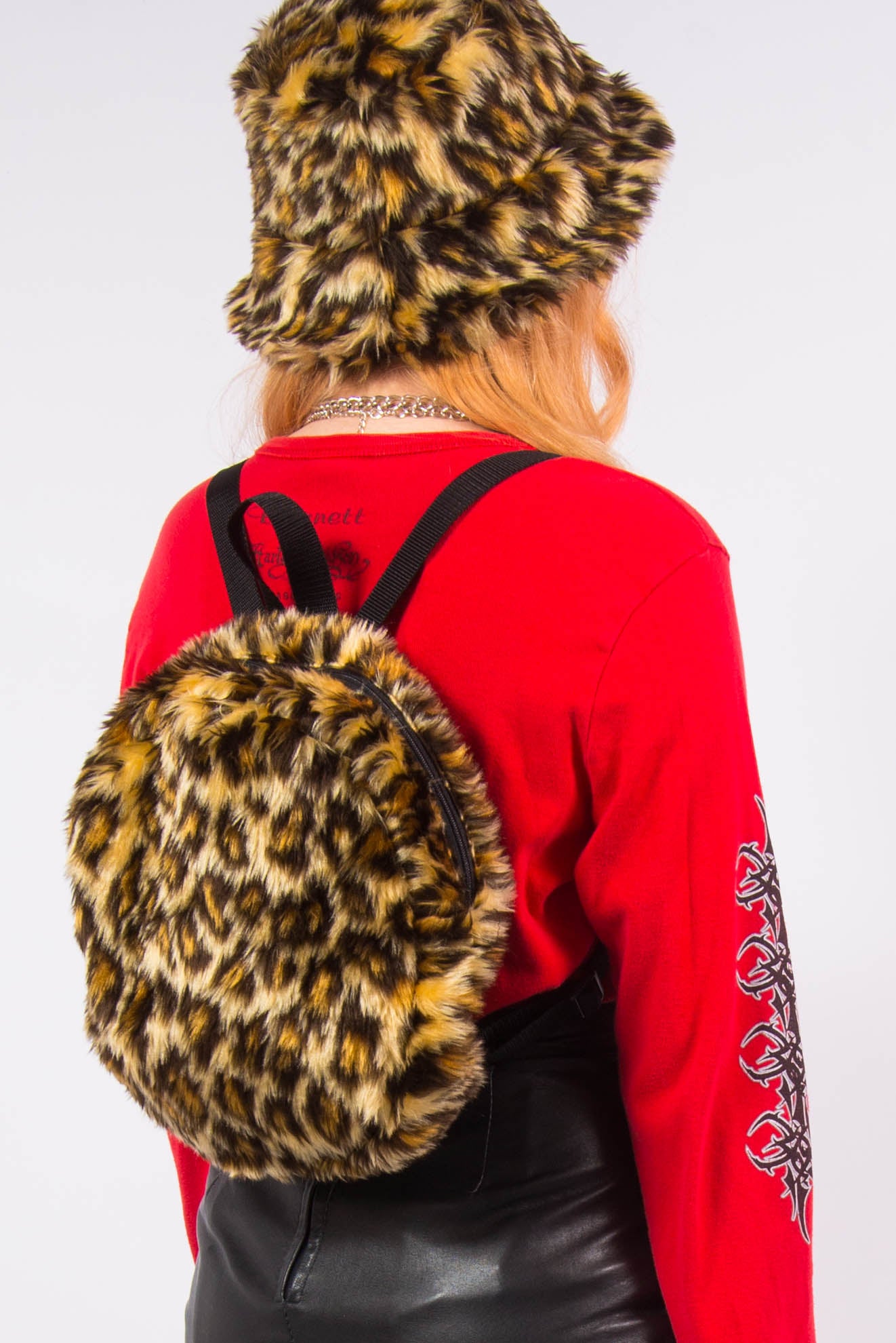 brown leopard print faux fur mini backpack Y2K Style Leopard Faux Fur Rucksack Backpack