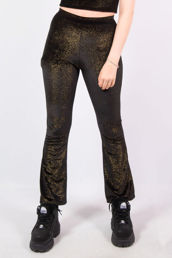 Y2K Style Gold Velvet Glitter Kick Flares Trousers