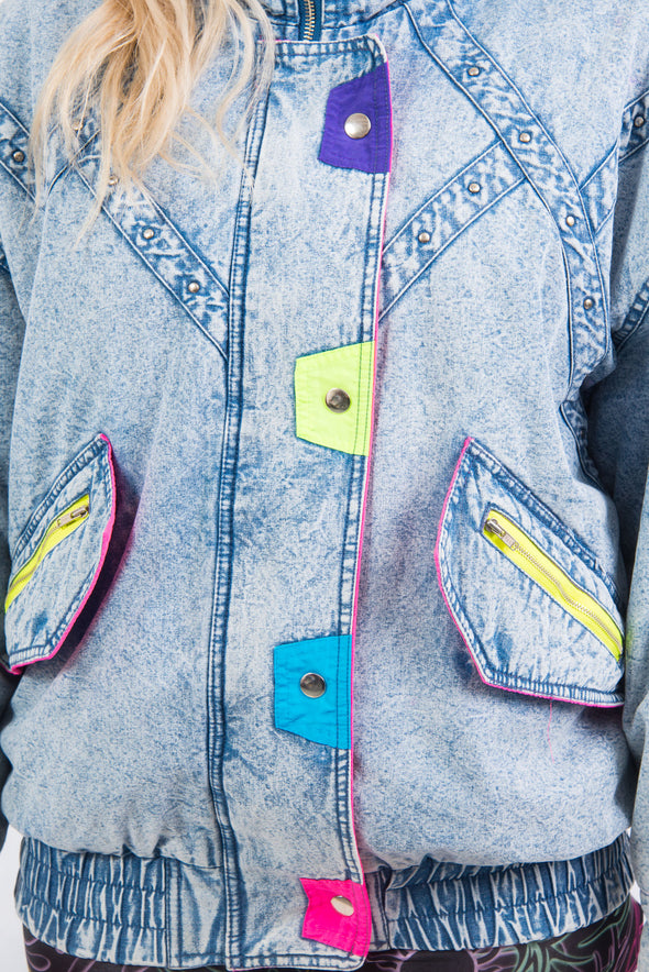 Vintage 80's Padded Neon Trim Denim Jacket