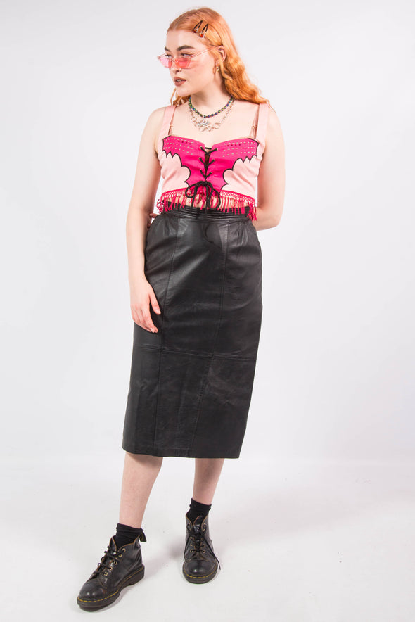 Vintage Black Leather Midi Skirt