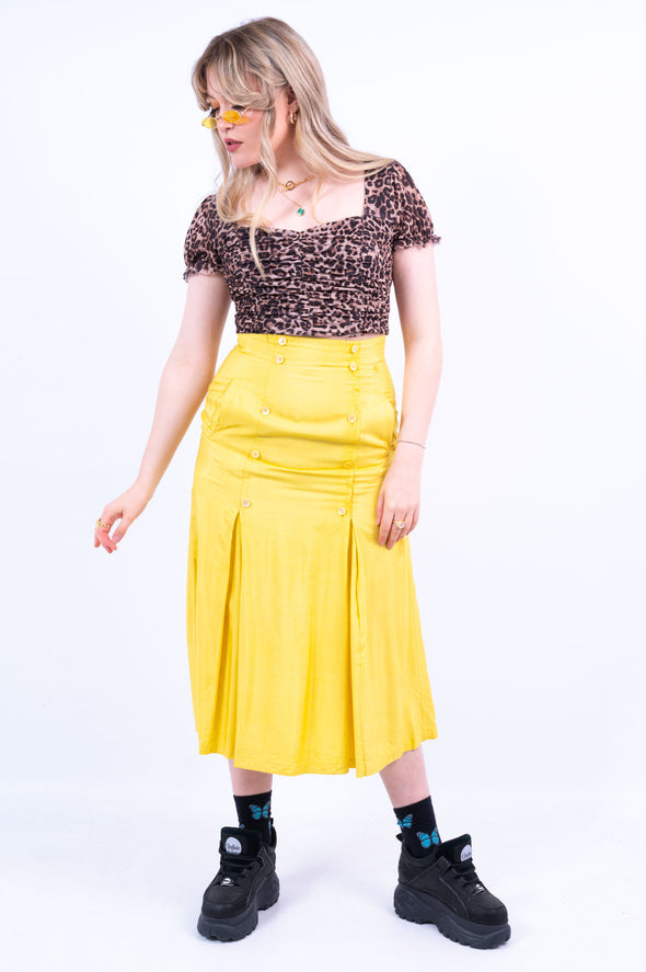 Vintage 90's Yellow Silk Midi Skirt