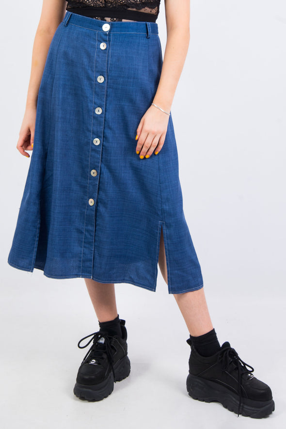 Vintage 90's Blue Button Front Midi Skirt