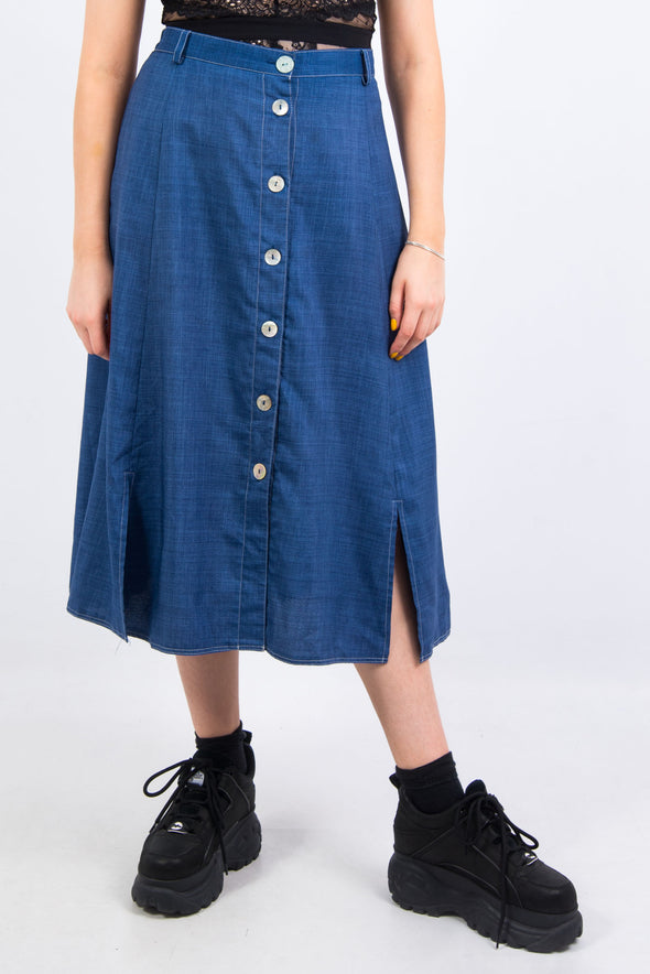 Vintage 90's Blue Button Front Midi Skirt