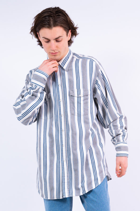 Vintage Blue & White Striped Western Shirt