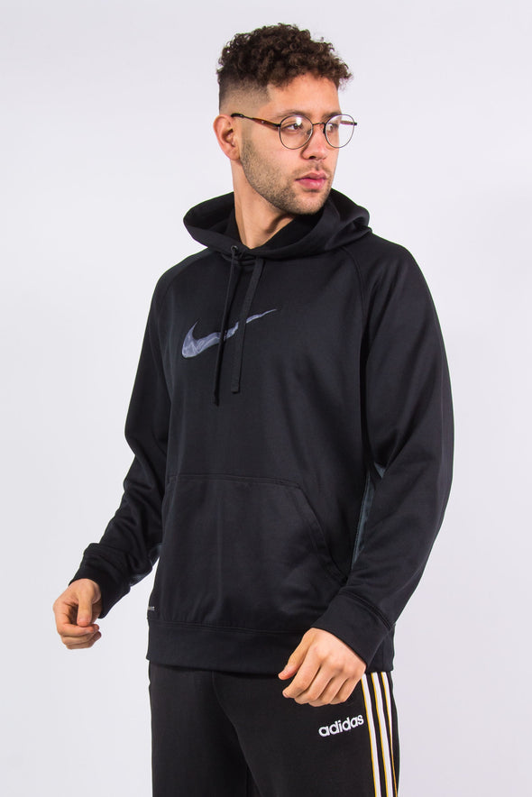 Nike Therma-Fit black and grey fleece inner sports hoodie with embroidered logo on front.