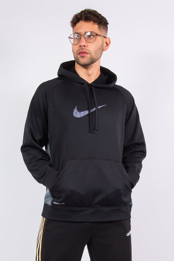 Nike Therma-Fit black and grey fleece inner sports hoodie with embroidered logo on front.
