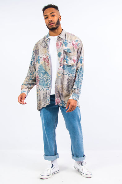 90's Vintage Floral Pattern Rayon Shirt