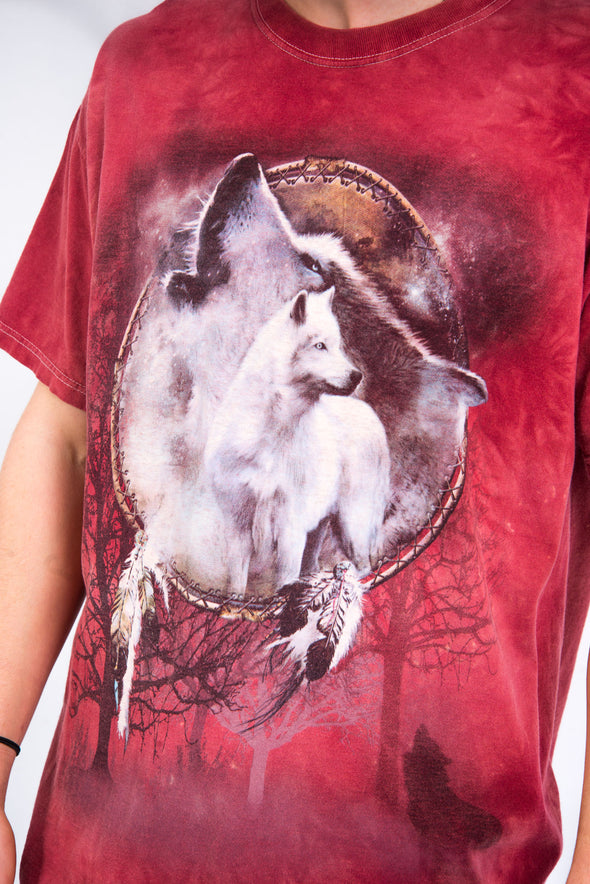 Vintage Red Wolf Print Tie Dye T-Shirt