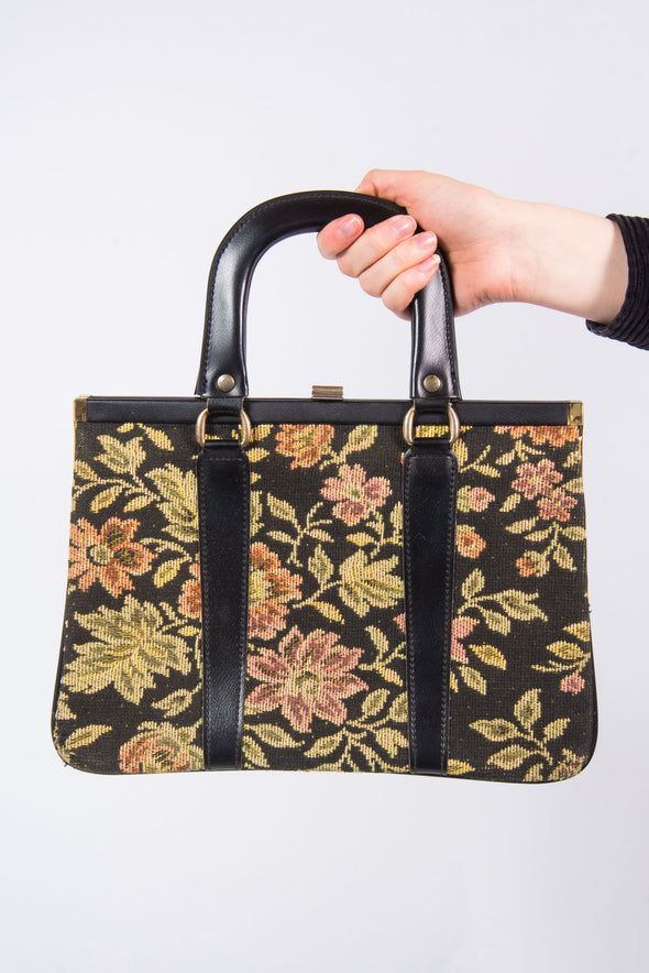 Vintage Black Floral Tapestry Bag